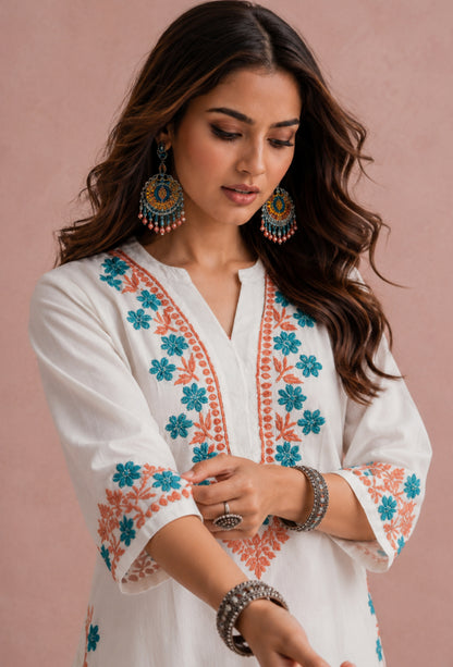 Chikankari Hand Embroidered Long Cotton Kurta