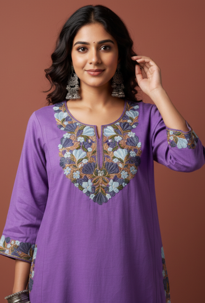Kashmiri Wool Aari Embroidered Pheran - Lilac (Free Size)