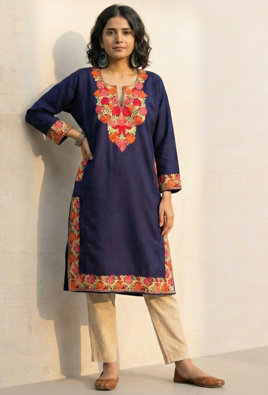 Kashmiri Wool Aari Embroidered Pheran - Blue (Free Size)