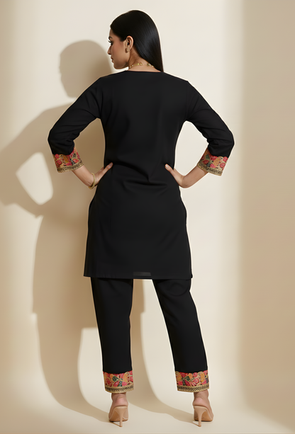 Kashmiri Wool Aari Embroidered Co-ord Set - Black (Free Size)