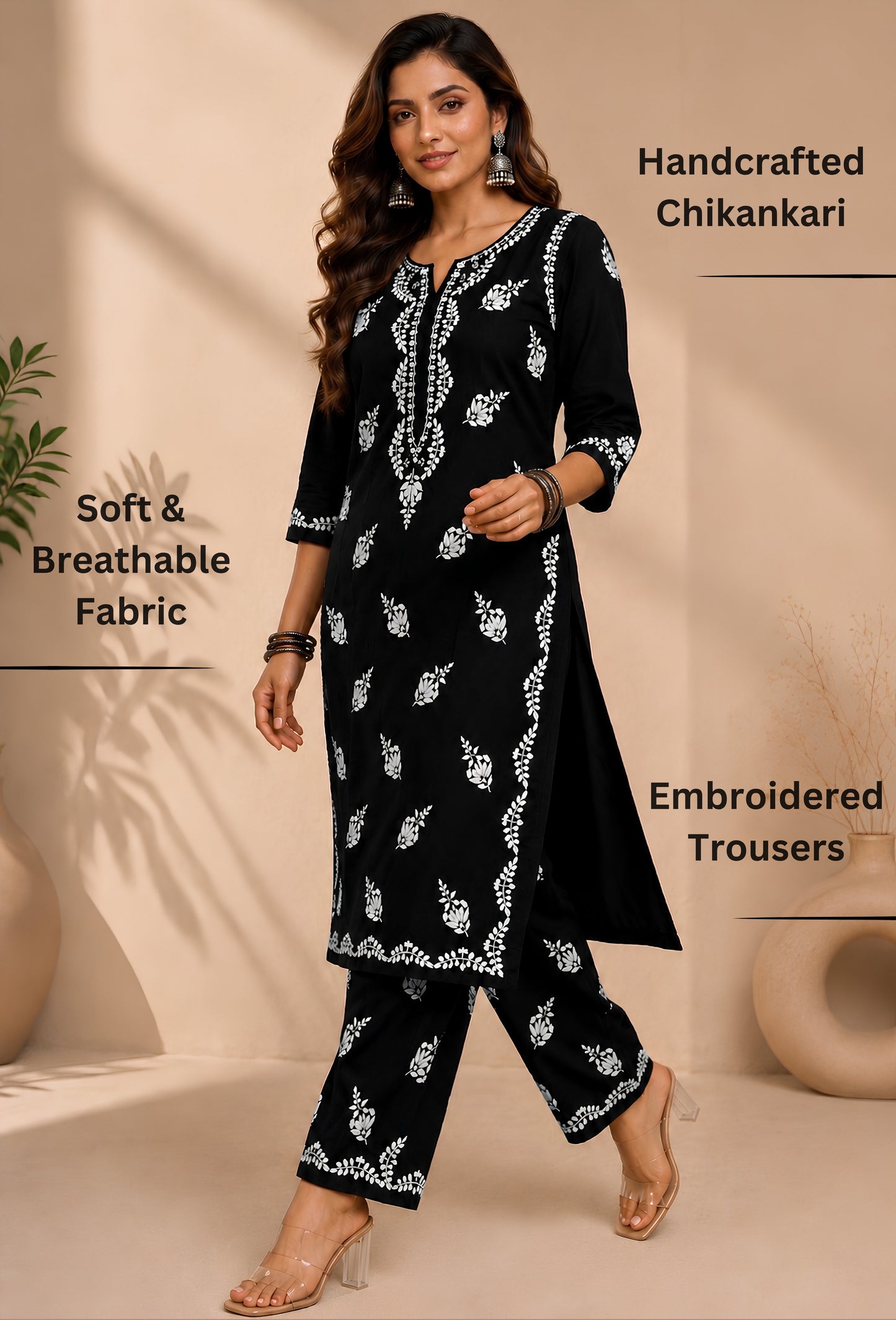 Naqsh Chikankari Hand Embroidered Kurta Trouser Set - Black