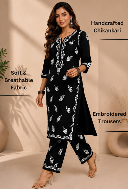 Naqsh Chikankari Hand Embroidered Kurta Trouser Set - Black