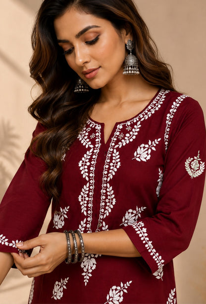 Naqsh Chikankari Hand Embroidered Kurta Trouser Set - Maroon