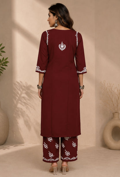 Naqsh Chikankari Hand Embroidered Kurta Trouser Set - Maroon