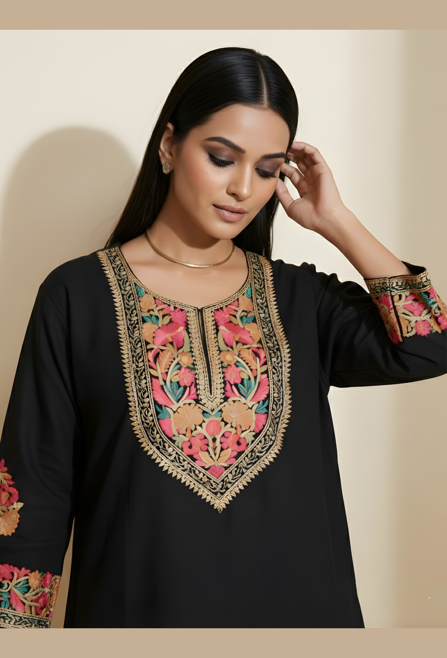 Kashmiri Wool Aari Embroidered Co-ord Set - Black (Free Size)