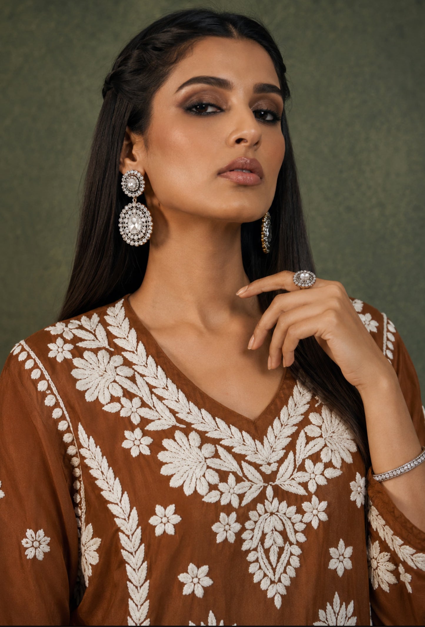 Chanderi Chikankari Hand Embroidered Kurta Trouser Set - Bronze