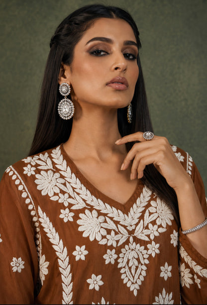 Chanderi Chikankari Hand Embroidered Kurta Trouser Set - Bronze