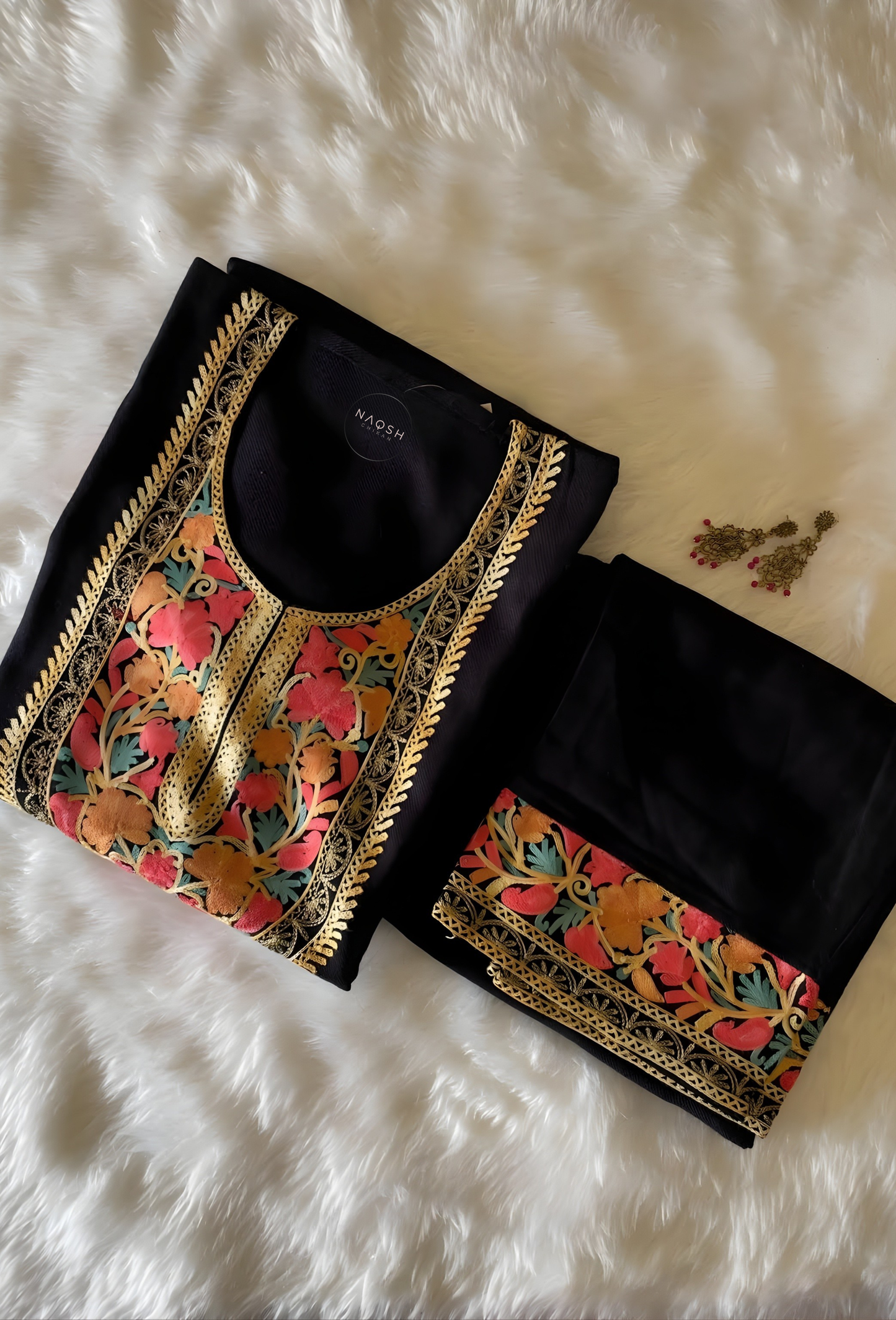 Kashmiri Wool Aari Embroidered Co-ord Set - Black (Free Size)