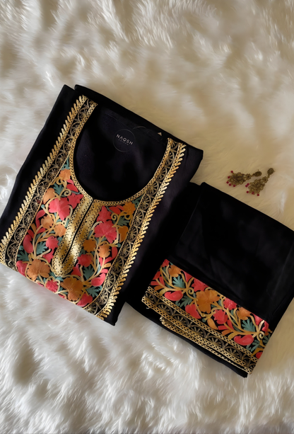 Kashmiri Wool Aari Embroidered Co-ord Set - Black (Free Size)