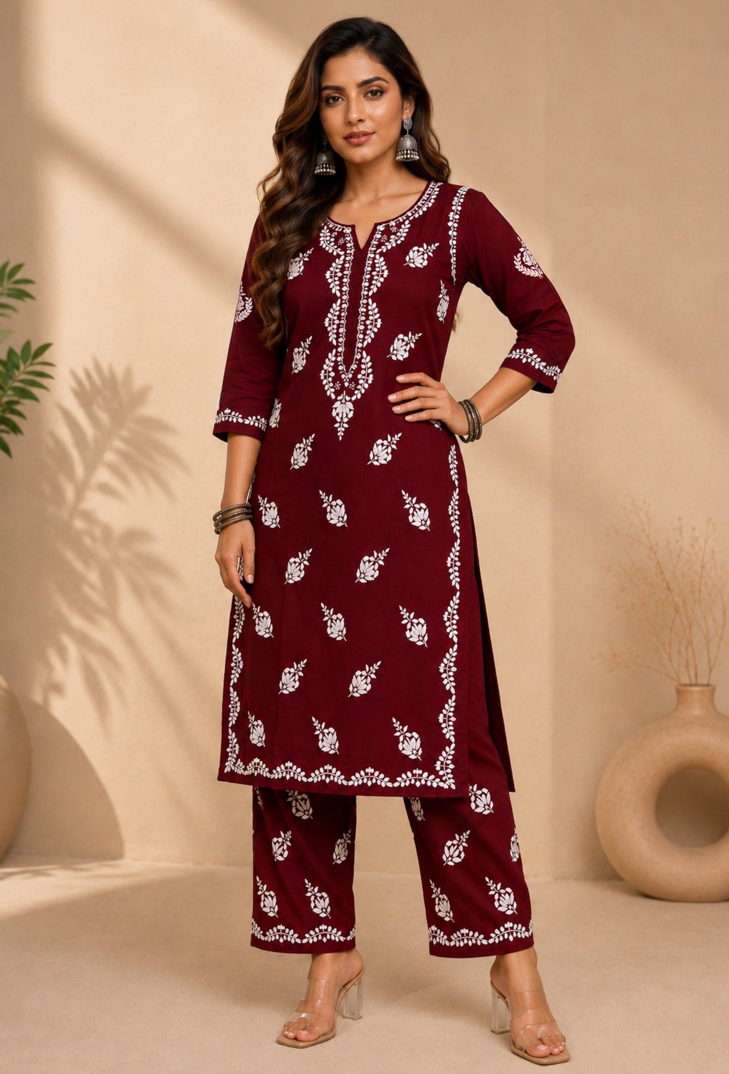 Naqsh Chikankari Hand Embroidered Kurta Trouser Set - Maroon