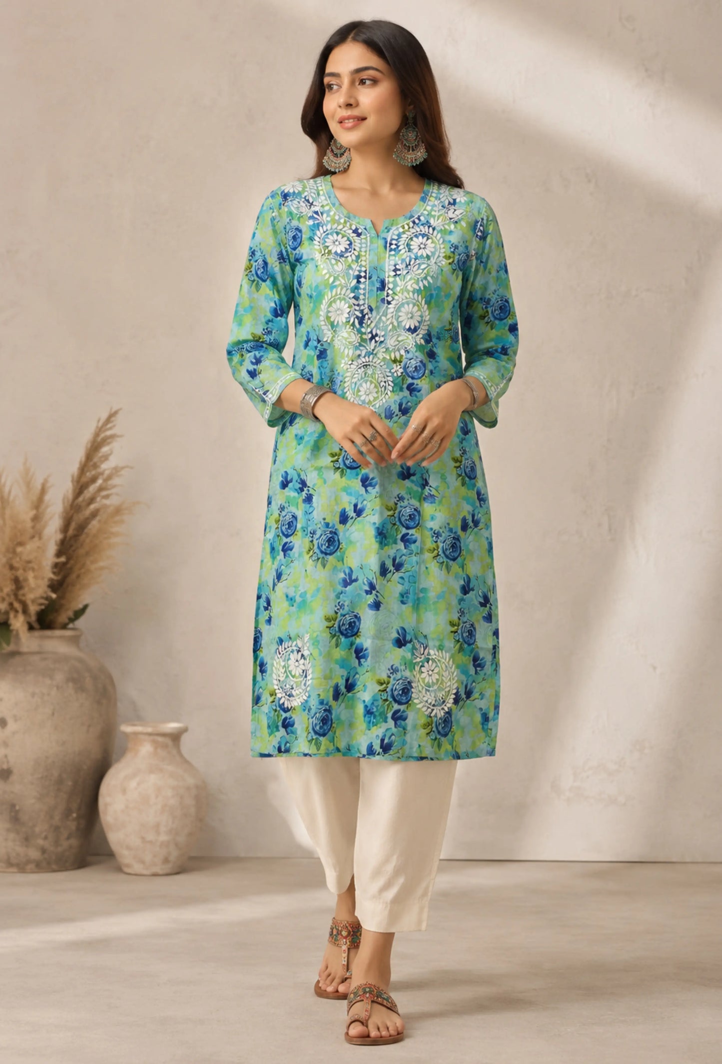 Chikankari Hand Embroidered Long Cotton Kurta - Green