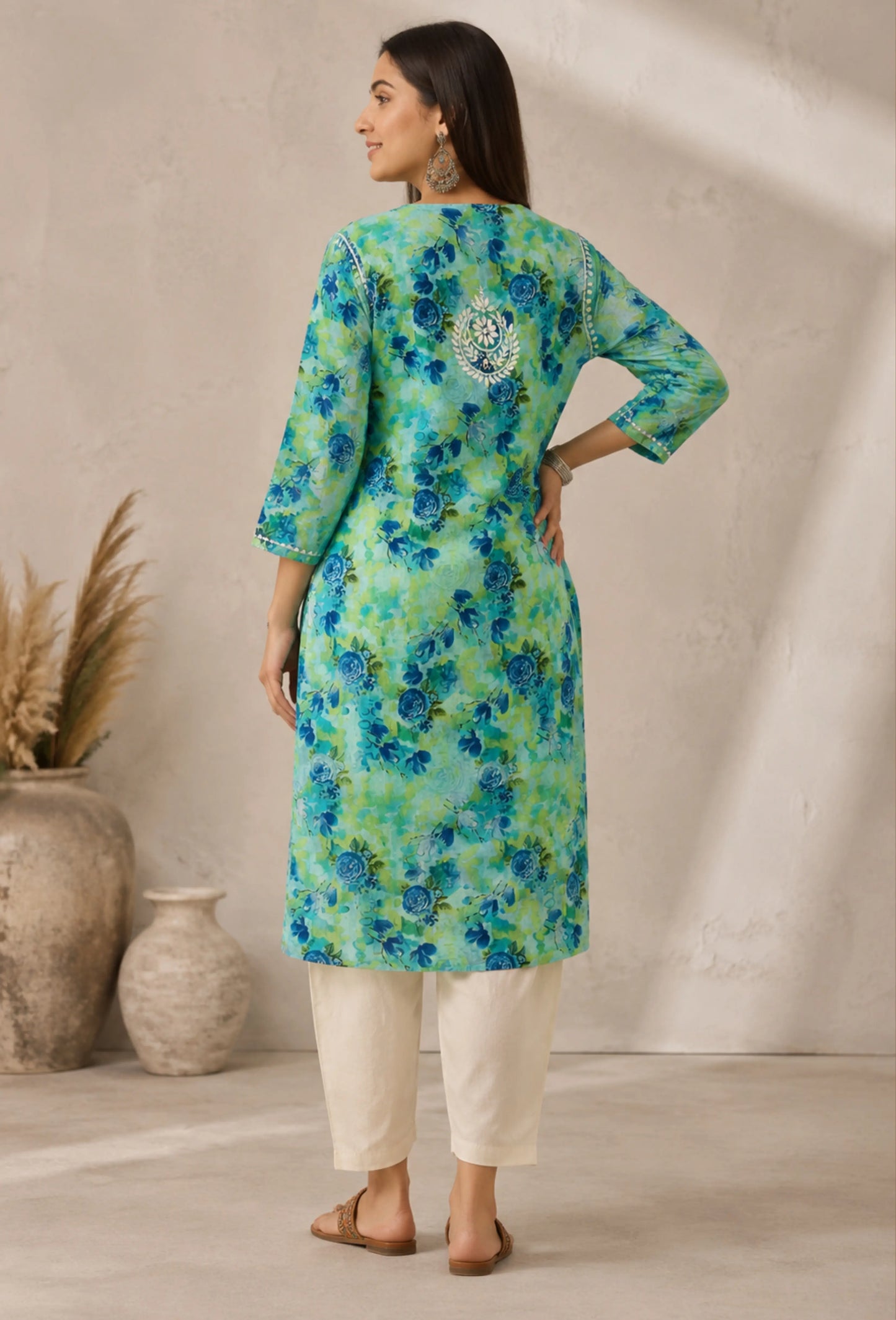 Chikankari Hand Embroidered Long Cotton Kurta - Green