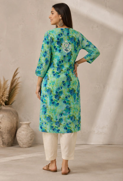 Chikankari Hand Embroidered Long Cotton Kurta - Green