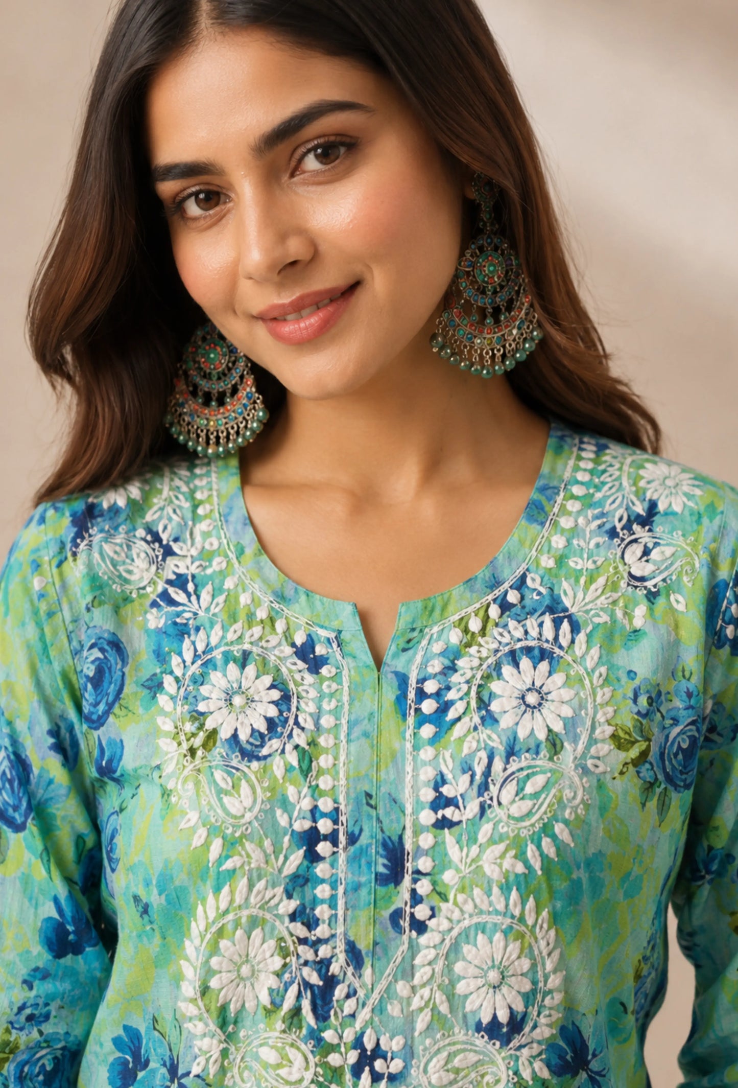 Chikankari Hand Embroidered Long Cotton Kurta - Green