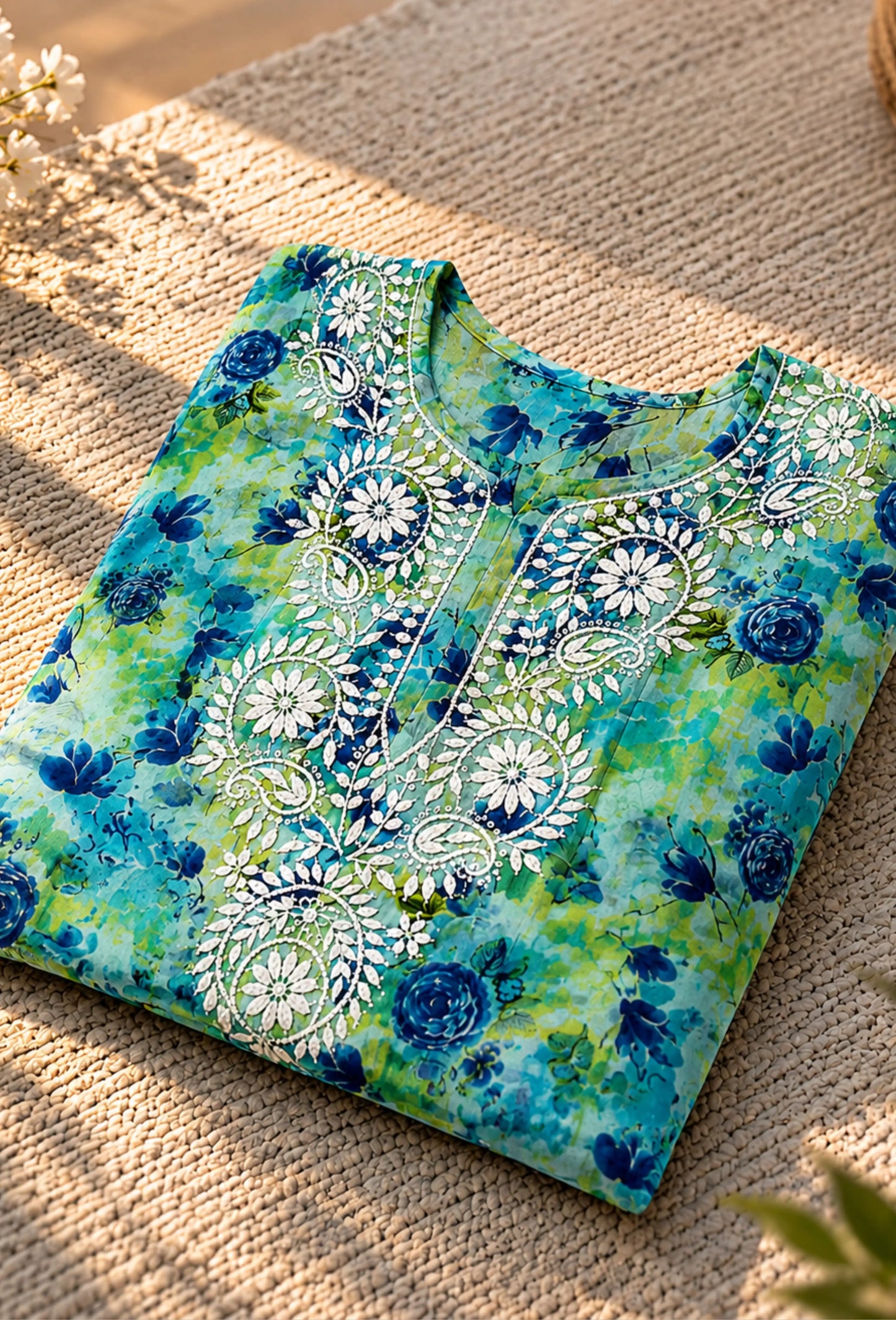 Chikankari Hand Embroidered Long Cotton Kurta - Green