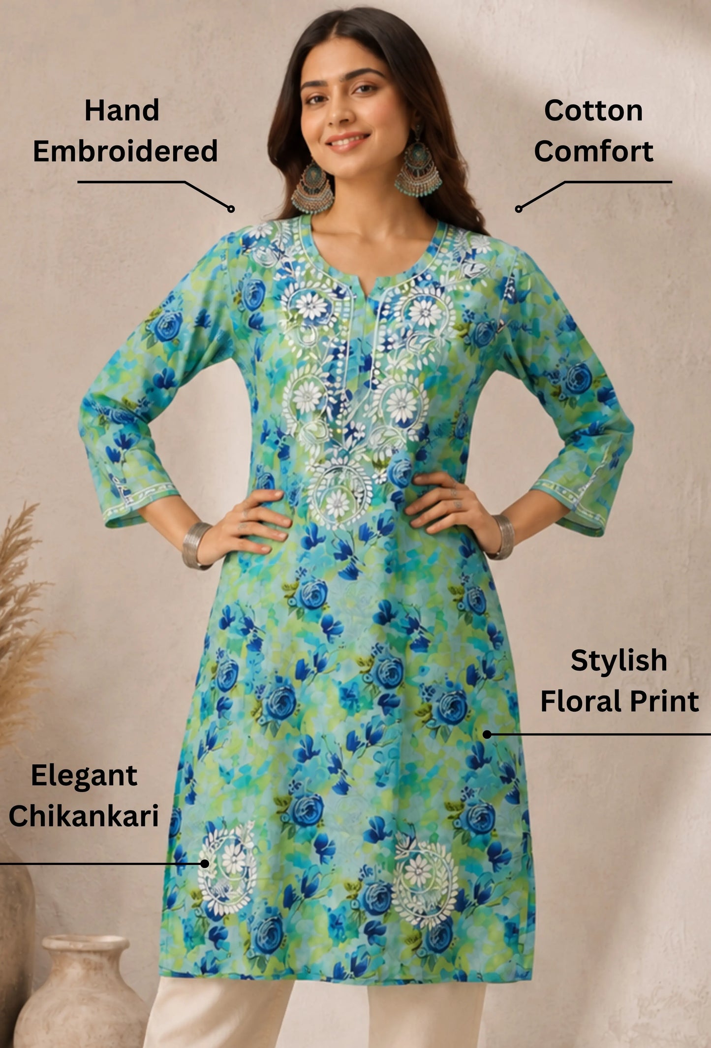 Chikankari Hand Embroidered Long Cotton Kurta - Green