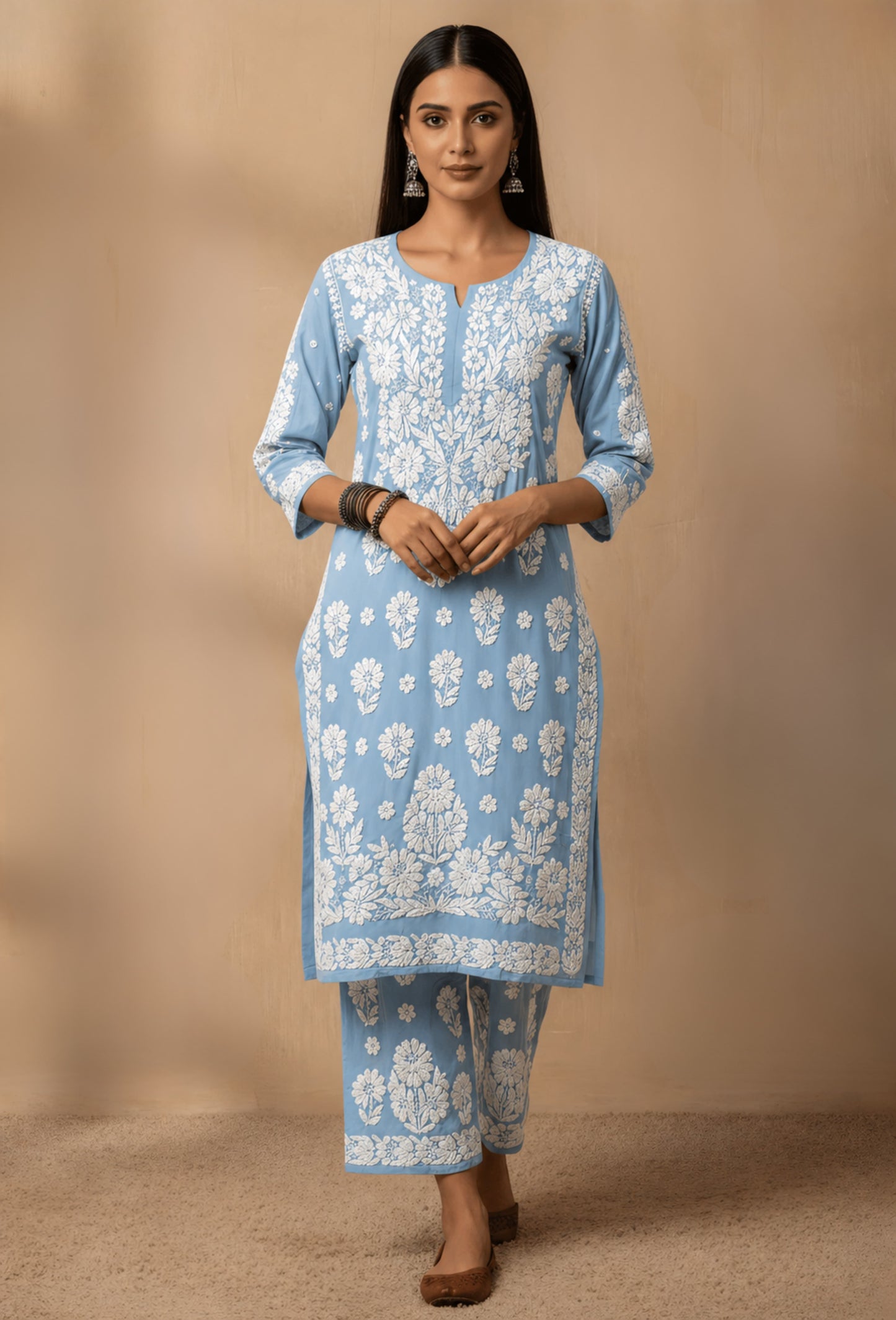 Modal Chikankari Hand Embroidered Kurta Trouser Set - Blue