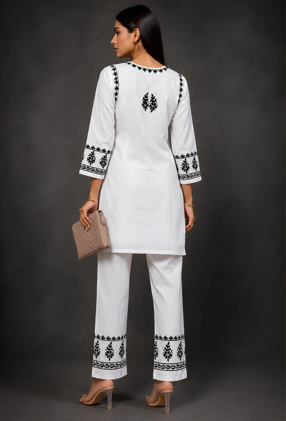 Handcrafted Chikankari Cotton Coord Set - White & Black
