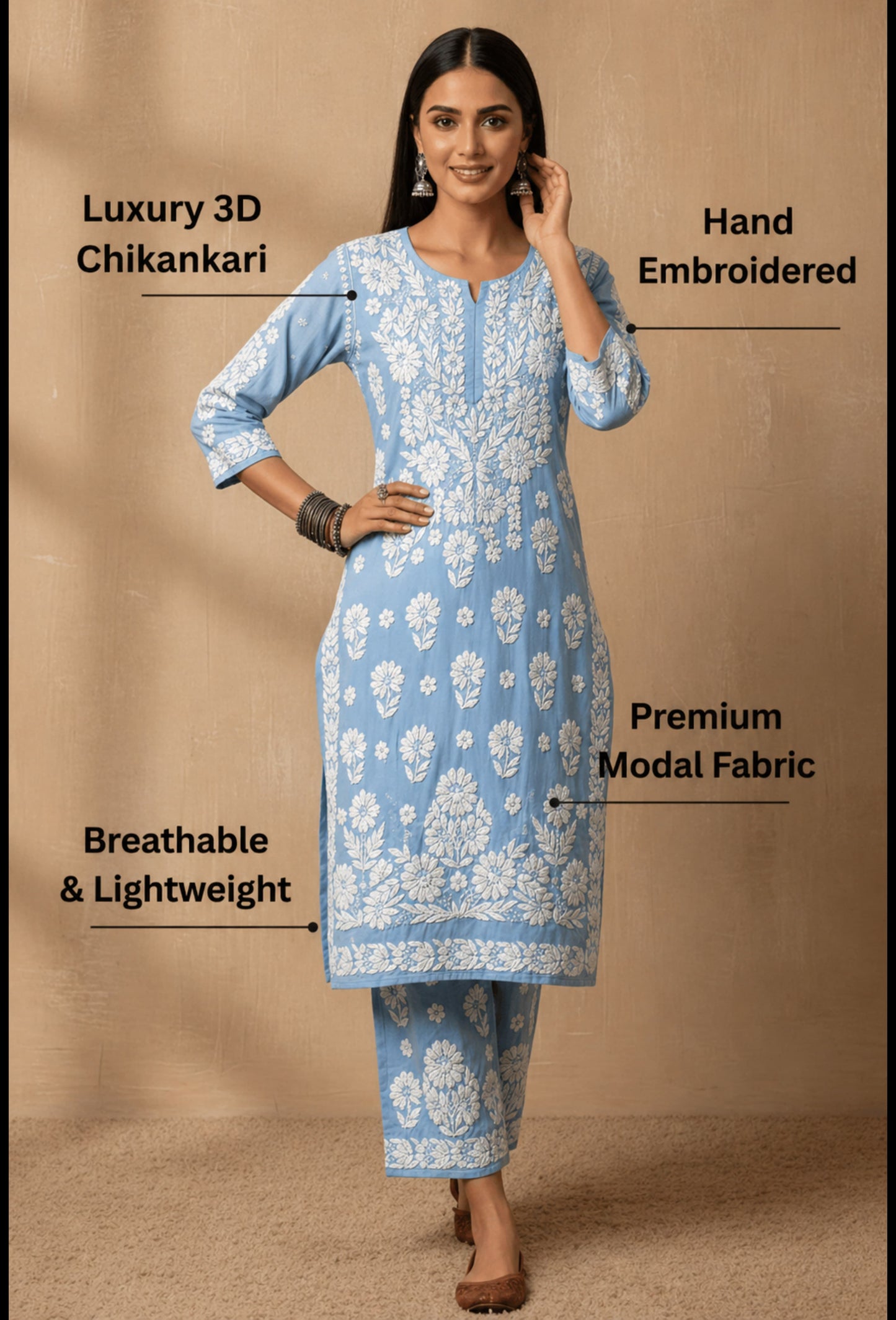 Modal Chikankari Hand Embroidered Kurta Trouser Set - Blue