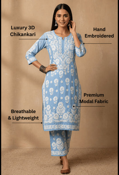 Modal Chikankari Hand Embroidered Kurta Trouser Set - Blue