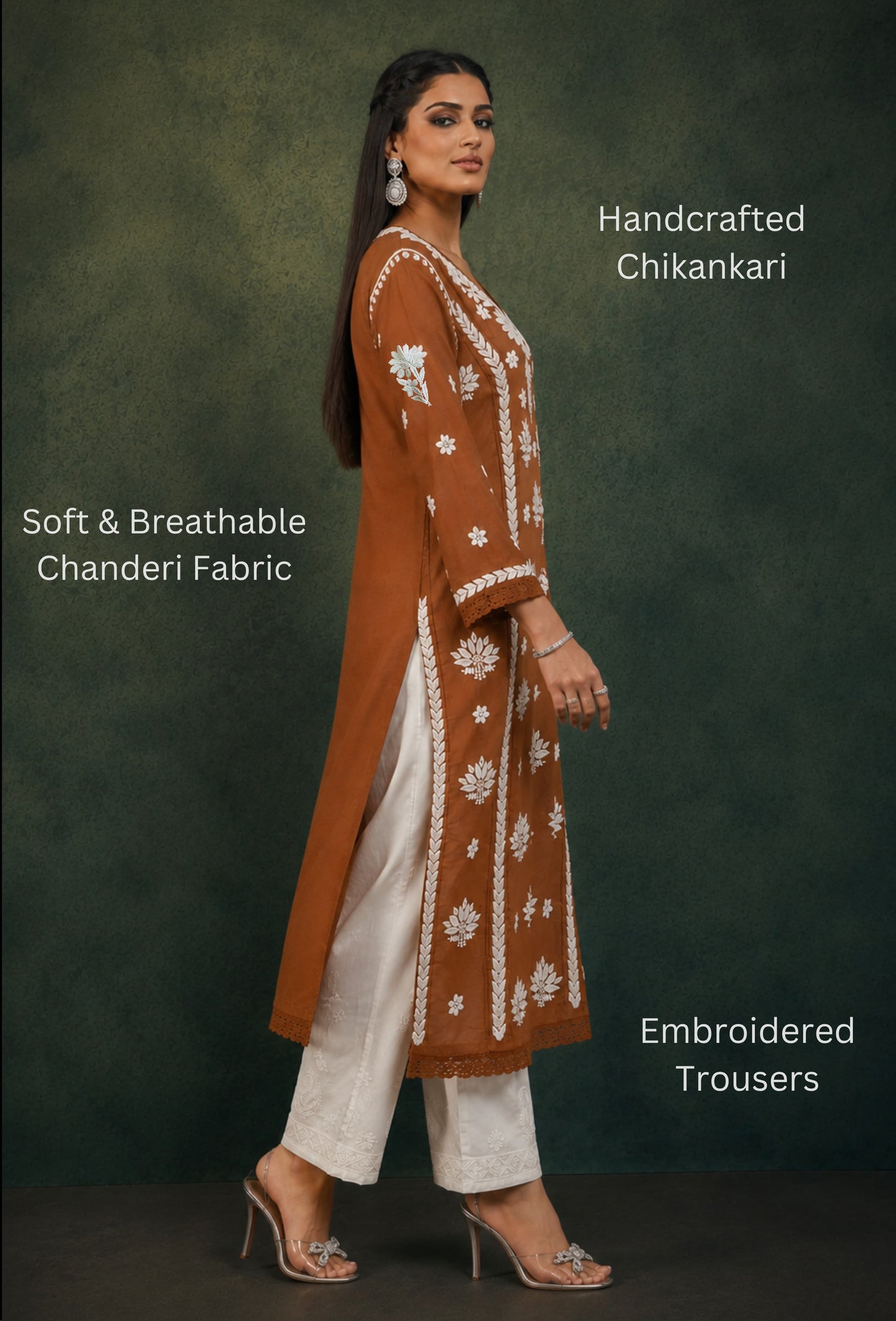 Chanderi Chikankari Hand Embroidered Kurta Trouser Set - Bronze
