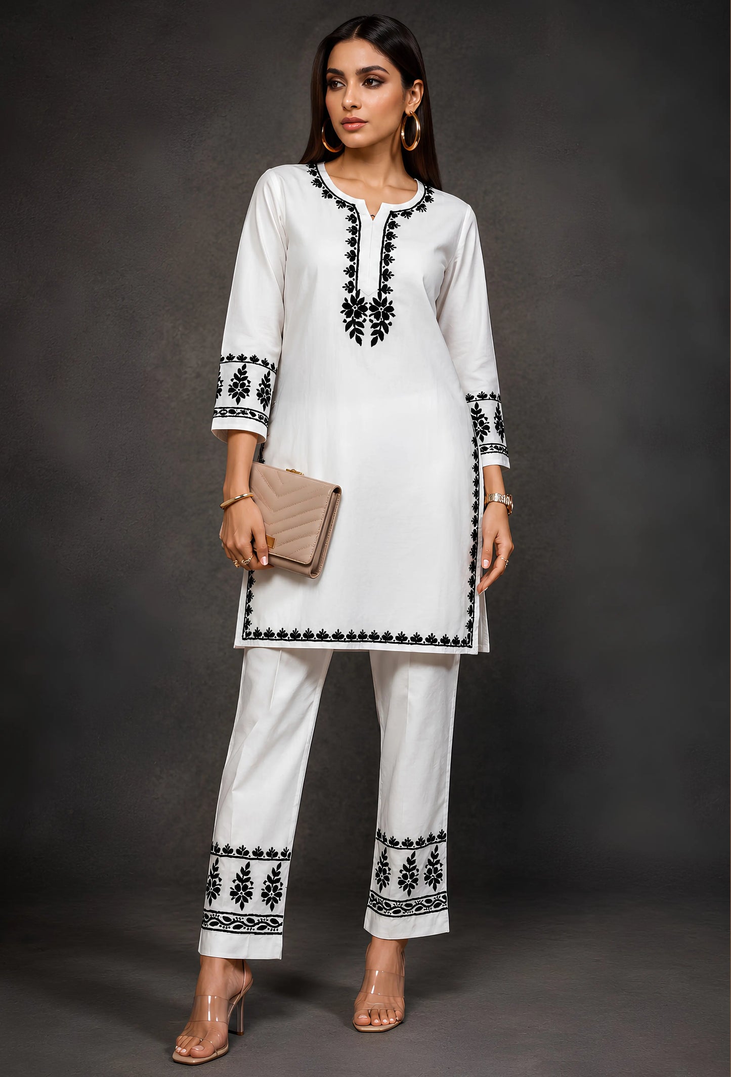 Handcrafted Chikankari Cotton Coord Set - White & Black