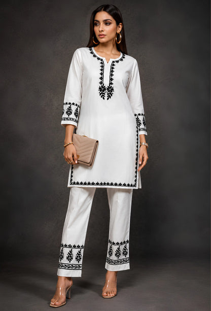 Handcrafted Chikankari Cotton Coord Set - White & Black