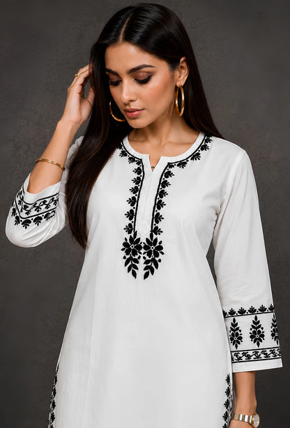 Handcrafted Chikankari Cotton Coord Set - White & Black