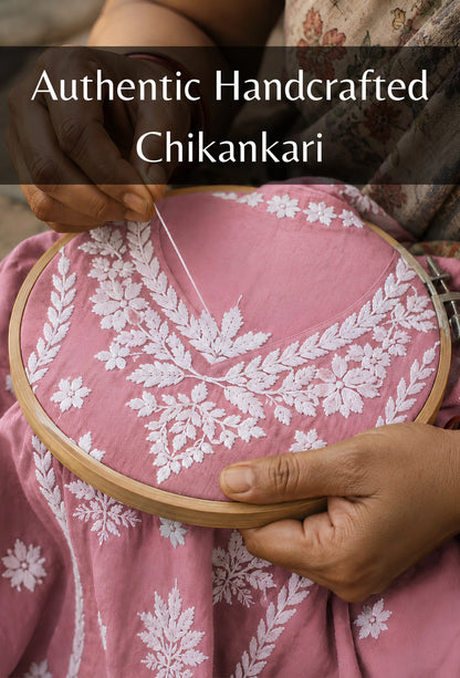 Chanderi Chikankari Hand Embroidered Kurta Trouser Set - Pink