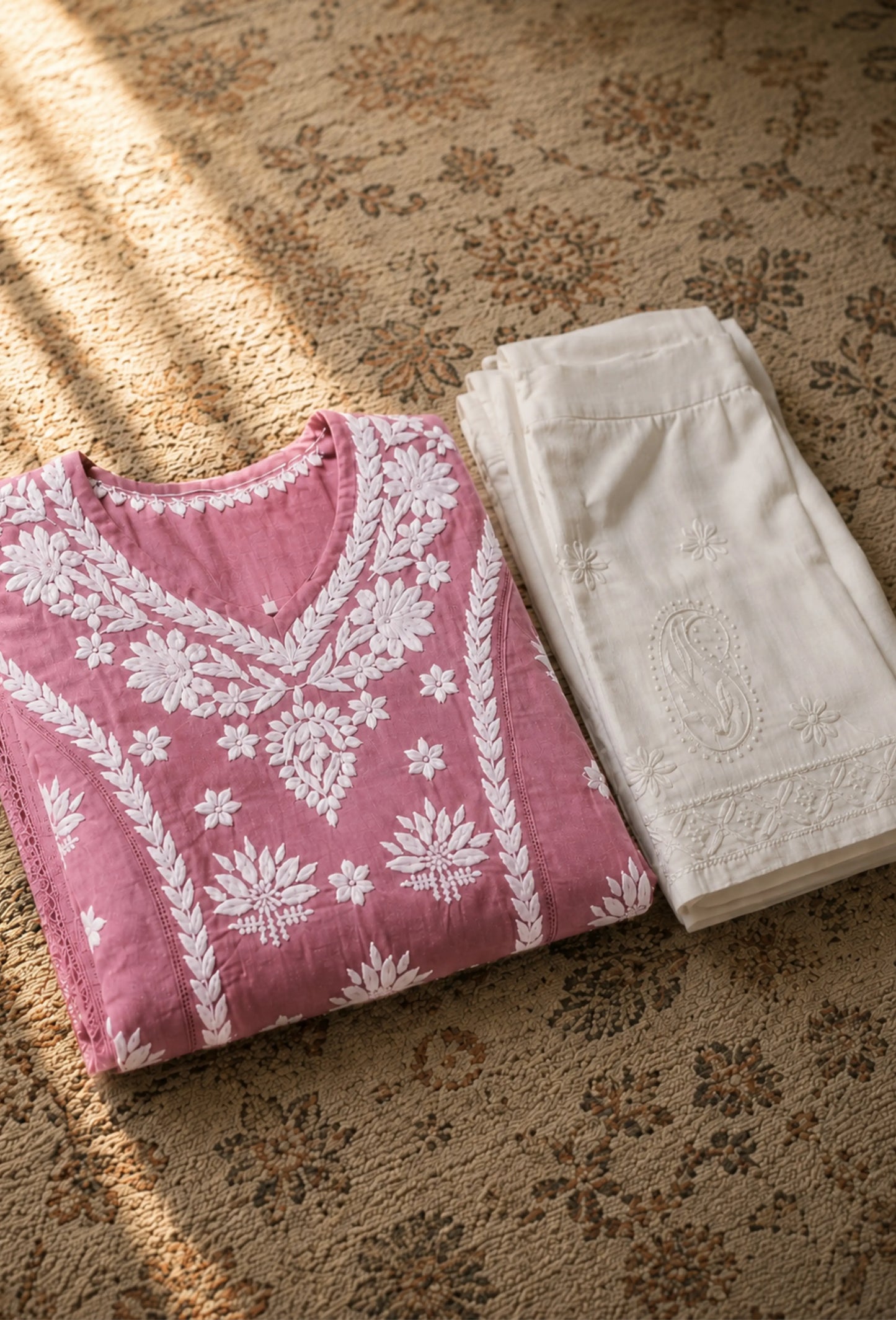 Chanderi Chikankari Hand Embroidered Kurta Trouser Set - Pink
