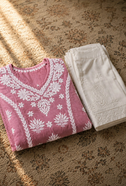 Chanderi Chikankari Hand Embroidered Kurta Trouser Set - Pink