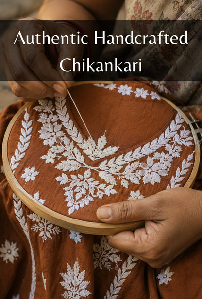 Chanderi Chikankari Hand Embroidered Kurta Trouser Set - Bronze