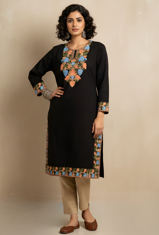 Kashmiri Wool Aari Embroidered Pheran - Black (Free Size)