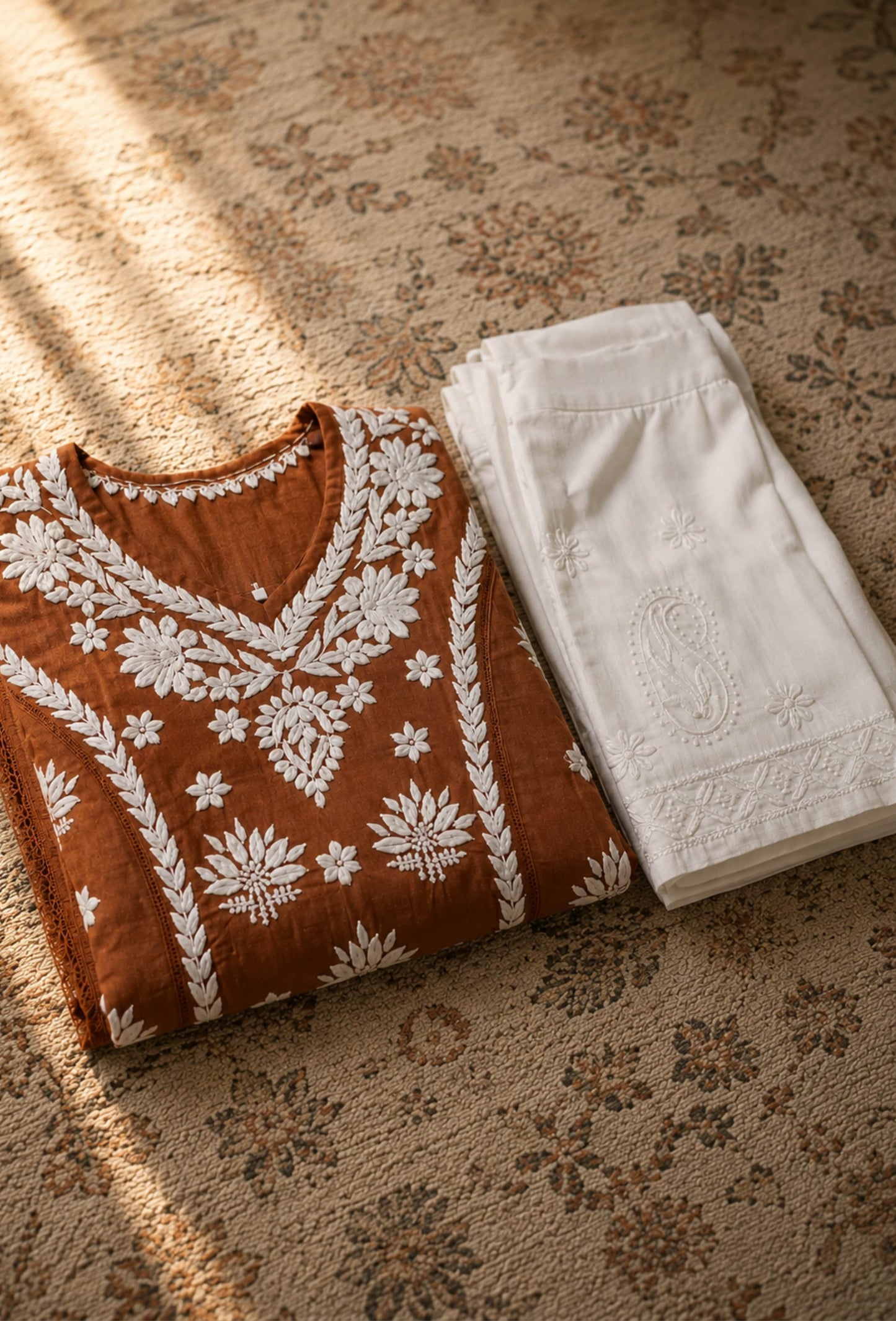 Chanderi Chikankari Hand Embroidered Kurta Trouser Set - Bronze