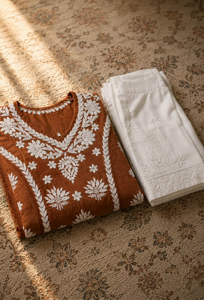 Chanderi Chikankari Hand Embroidered Kurta Trouser Set - Bronze