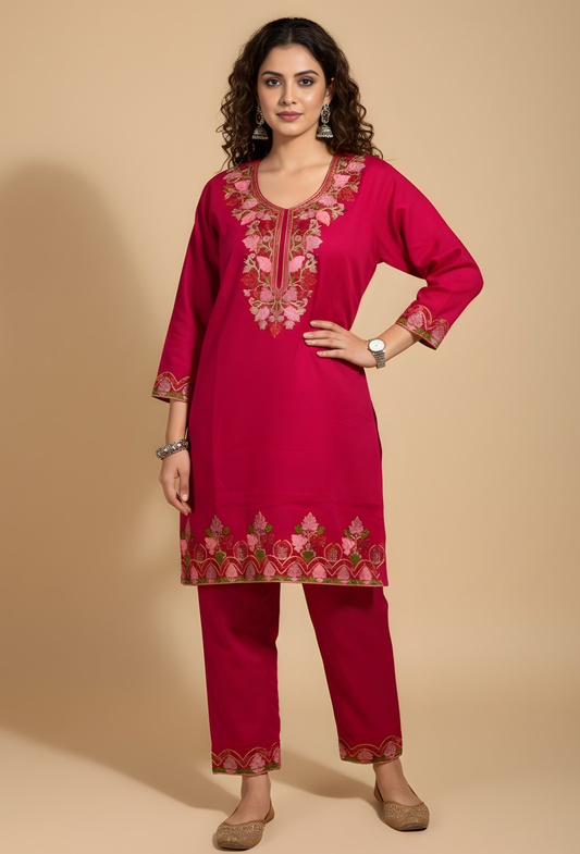 Kashmiri Wool Aari Embroidered Co-ord Set - Magenta (Free Size)