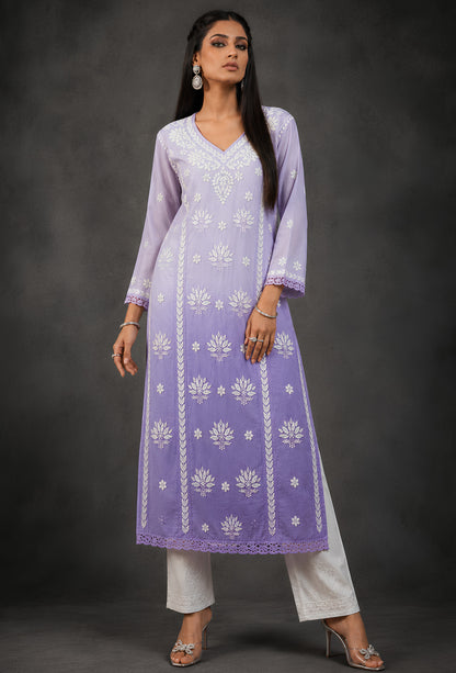 Chanderi Chikankari Hand Embroidered Kurta Trouser Set - Purple