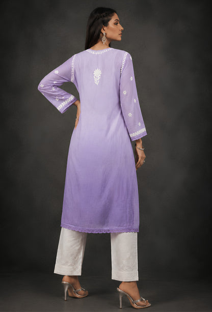 Chanderi Chikankari Hand Embroidered Kurta Trouser Set - Purple