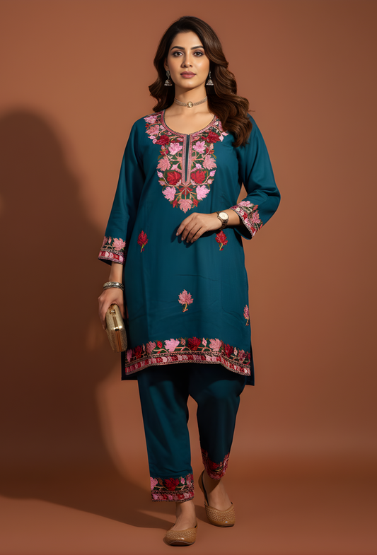 Kashmiri Wool Aari Embroidered Co-ord Set - Teal Blue (Free Size)