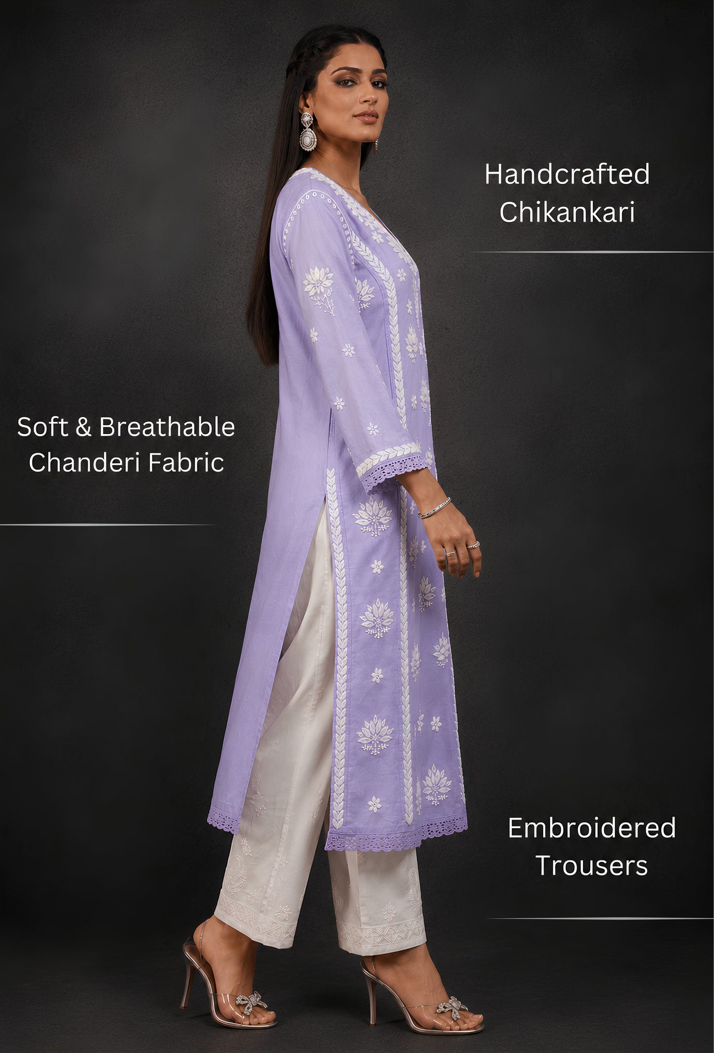 Chanderi Chikankari Hand Embroidered Kurta Trouser Set - Purple