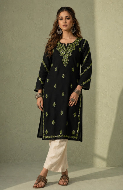 Chikankari Hand Embroidered Long Cotton Kurta - Black & Green