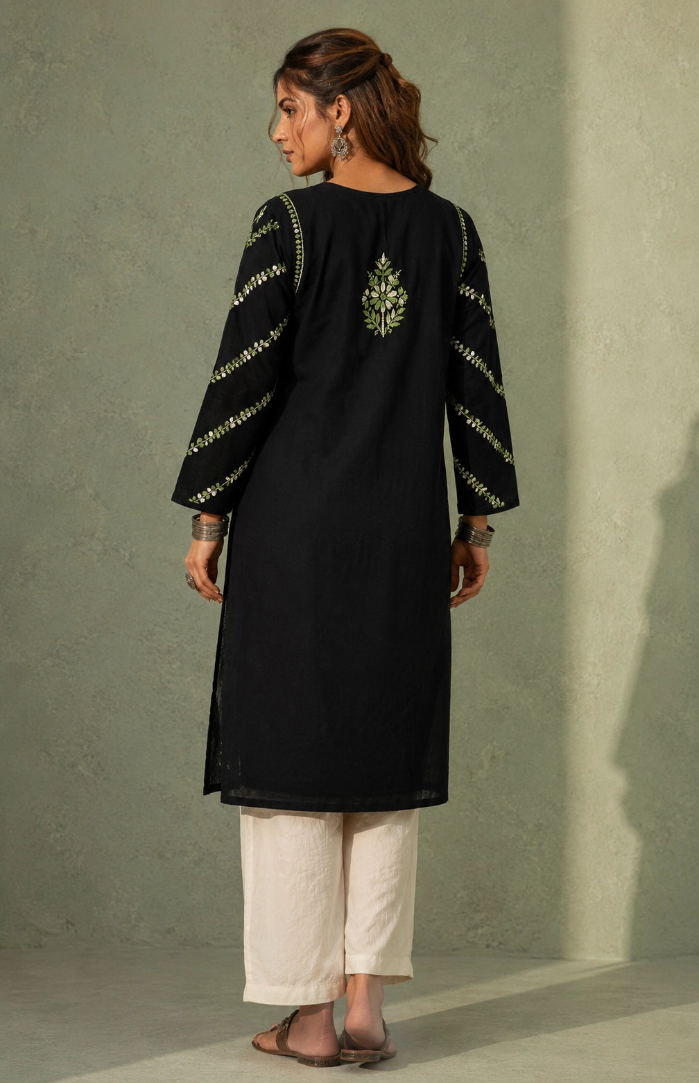 Chikankari Hand Embroidered Long Cotton Kurta - Black & Green