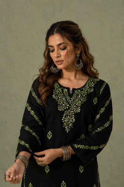 Chikankari Hand Embroidered Long Cotton Kurta - Black & Green