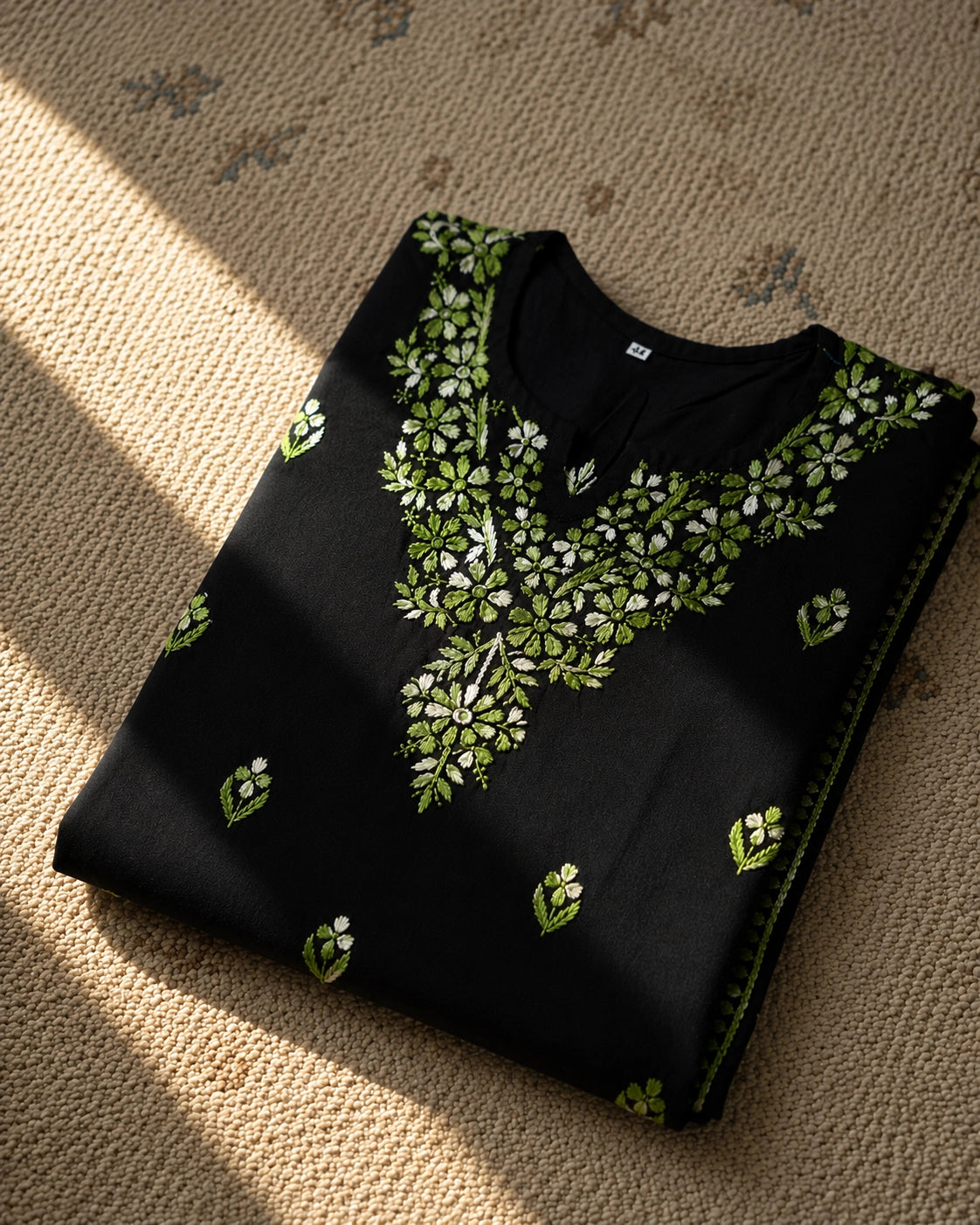 Chikankari Hand Embroidered Long Cotton Kurta - Black & Green