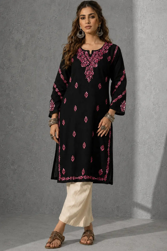 Chikankari Hand Embroidered Long Cotton Kurta - Black & Pink