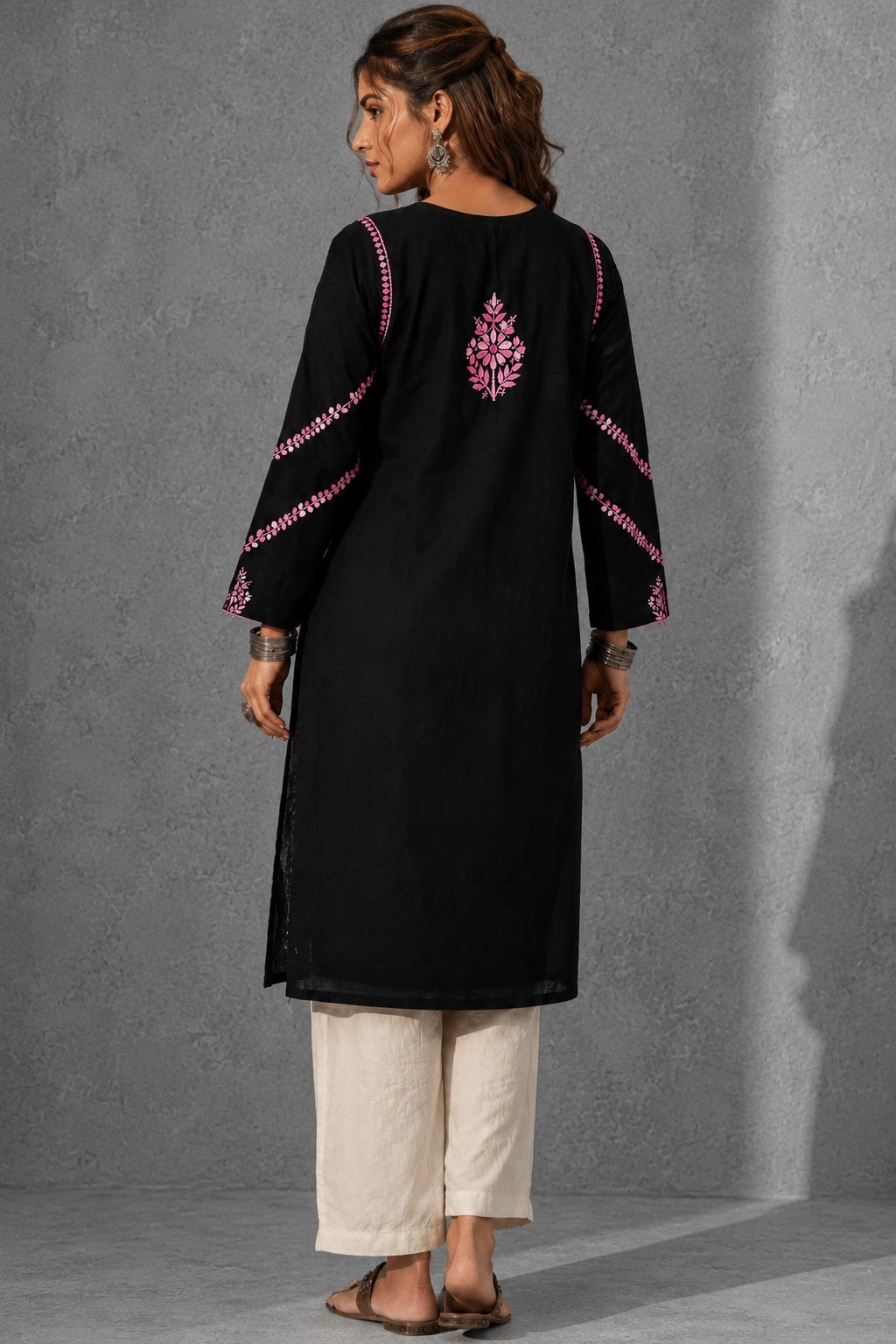 Chikankari Hand Embroidered Long Cotton Kurta - Black & Pink