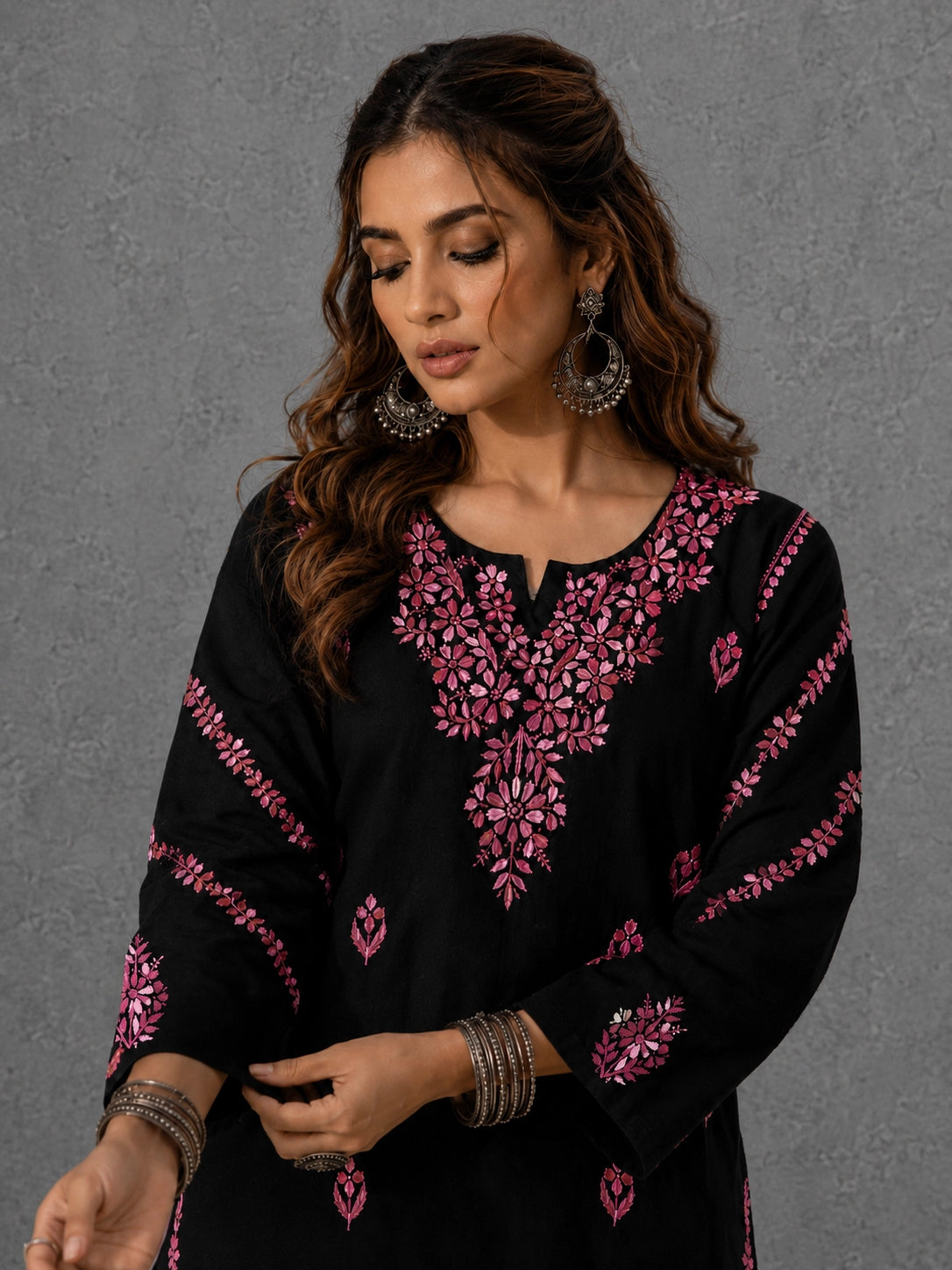 Chikankari Hand Embroidered Long Cotton Kurta - Black & Pink