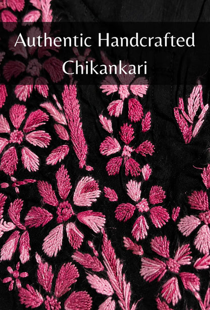 Chikankari Hand Embroidered Long Cotton Kurta - Black & Pink