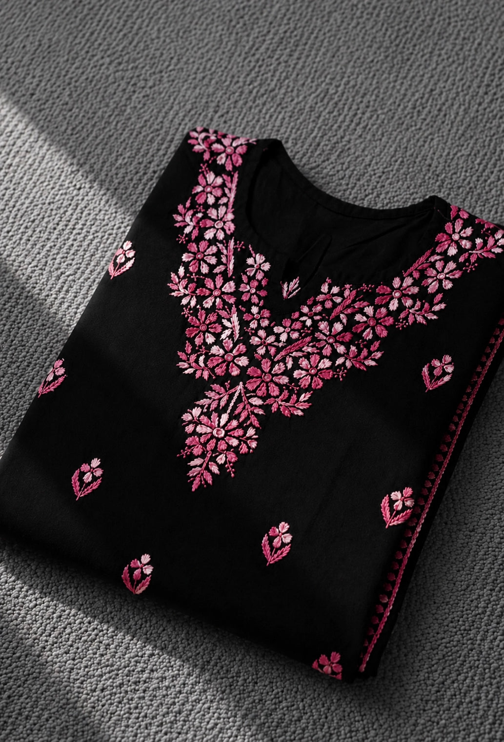Chikankari Hand Embroidered Long Cotton Kurta - Black & Pink