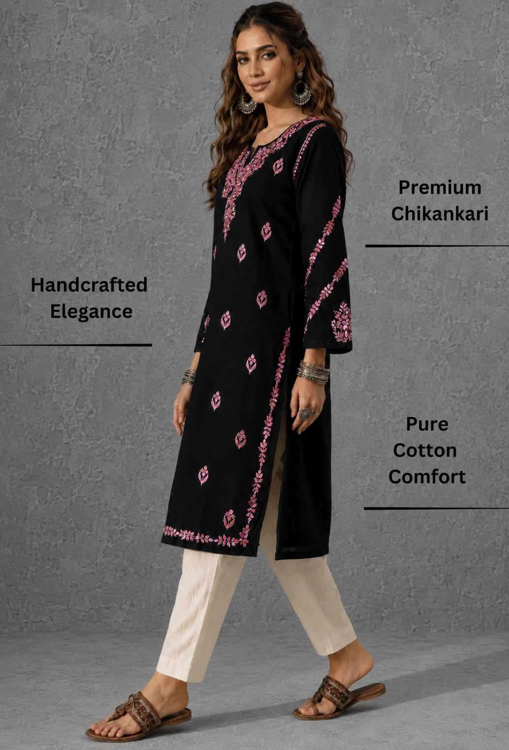 Chikankari Hand Embroidered Long Cotton Kurta - Black & Pink